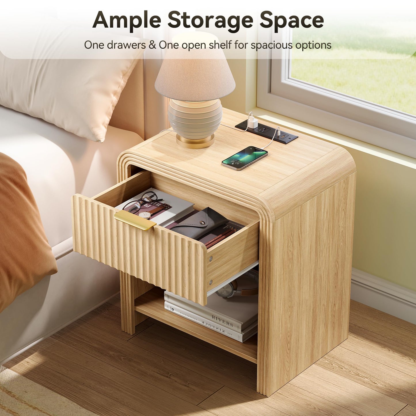 Decofy Fluted Nightstand with Charging Station, Modern Bedroom Side Table with Gold Handles, Curved Profile Design, End Table Wood Organizer for Bedroom, Open Shelf & 1 Drawers (1 Pack, Natural Oak)