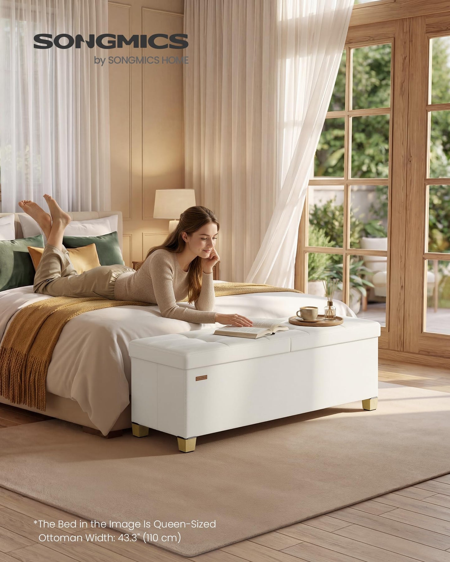 SONGMICS Storage Ottoman Bench with Legs, Folding Ottoman Foot Rest with Flipping Lid, Bench with Storage, for Living Room, Bedroom, Entryway, Velvet, 43.3 Inches, Cappuccino Beige ULSF083LH01