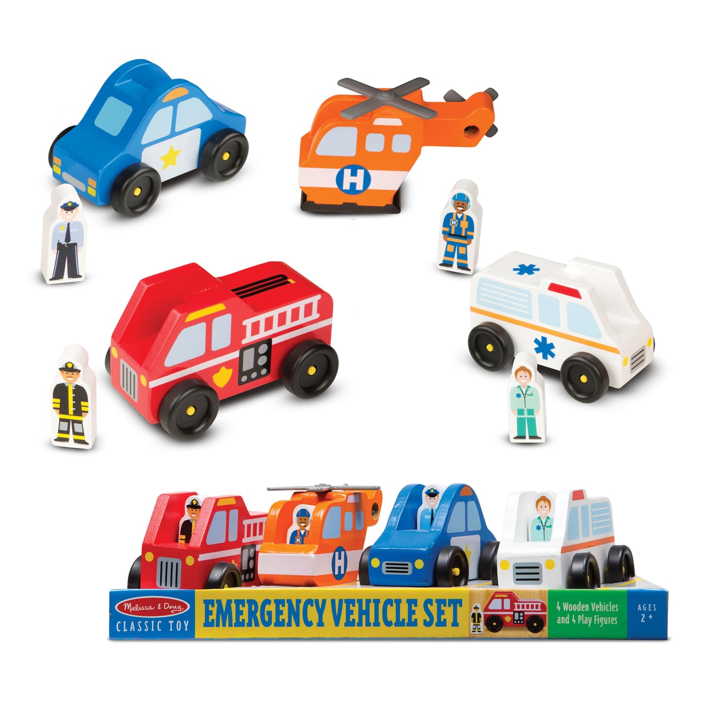 Melissa & Doug Emergency Vehicle Wooden Play Set with 4 Vehicles, 4 Play Figures