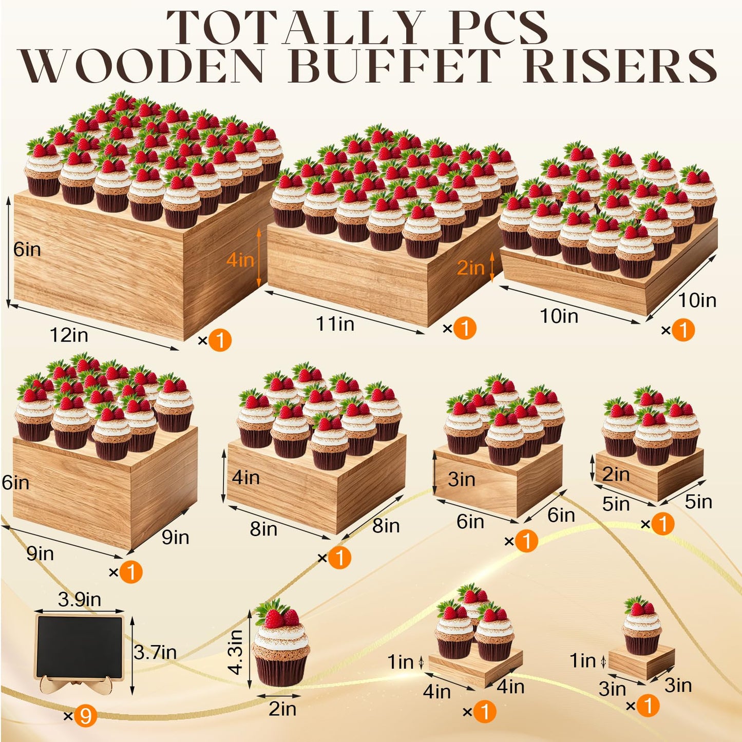 Gleom 9 Pcs Extra Large 12" Wooden Buffet Risers Set with Mini Sign Food Risers for Buffet Table Multi Size Cake Display Stands for Party Wedding Dessert Jewelry Home Decor