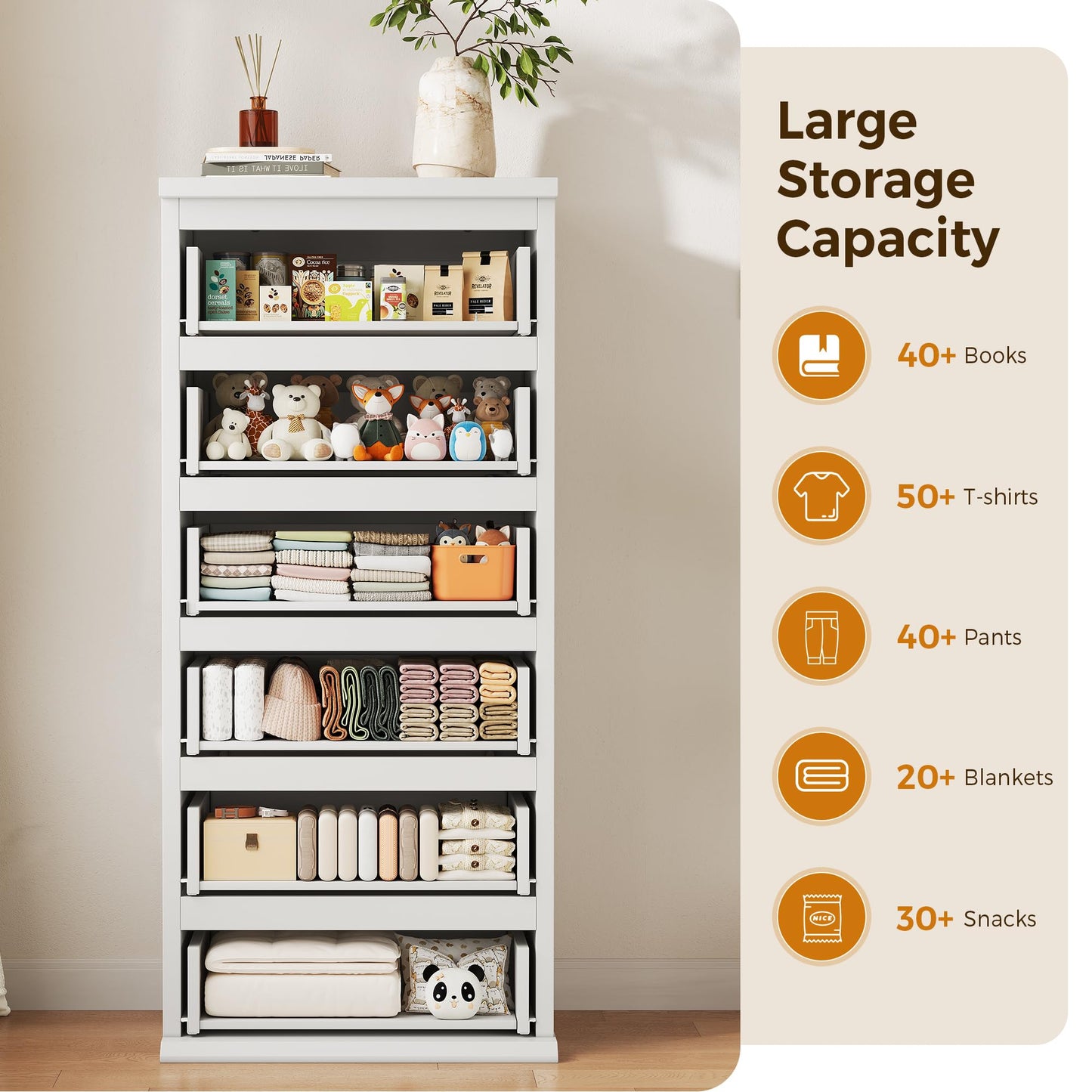 White Dresser, 6 Drawer Dresser for Bedroom, Wooden Chest of Drawers with Handleless Drawers, 19.7" W x 15.7" D x 47.2" H Vertical Tall Dresser, Storage Dressers for Living Room, Hallway and Office