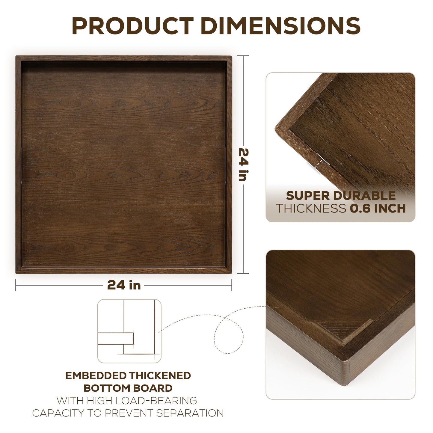 Axeman 24 Inch Large Square Wooden Ottoman Tray for Living Room|Extra Large Serving Tray with Handles for Coffee Table, Breakfast|Decorative Wood Tray for Ottoman Couch Sofa Kitchen|Walnut