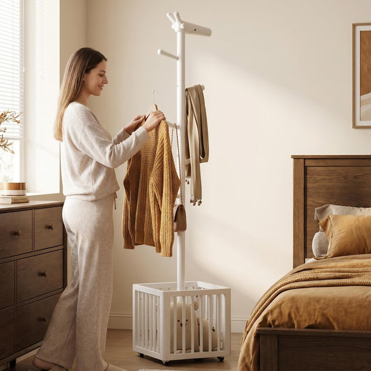 AQIMUELE Walnut Coat Rack, Freestanding Solid Wood Coat Rack with 6 Hooks, Sturdy Wooden Clothes Rack for Bedroom, Kids Room, Entryway, Hallway, Office