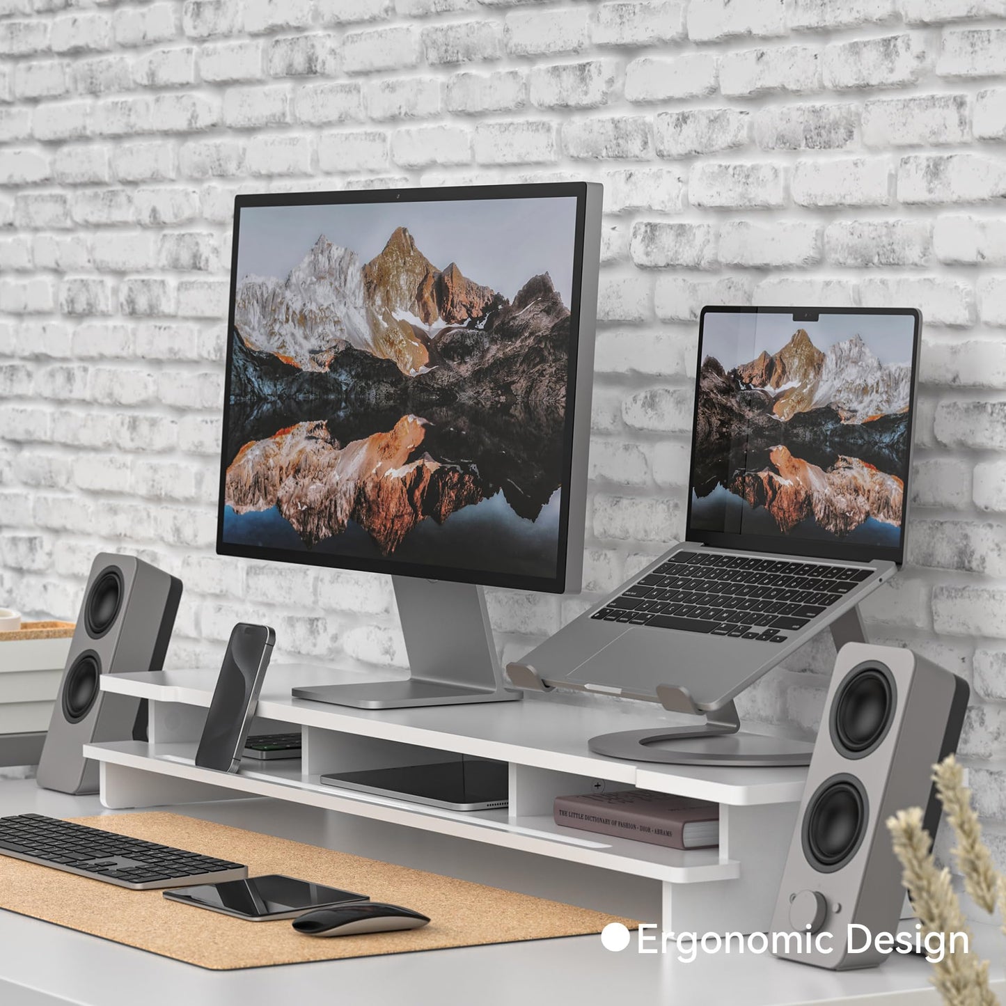 WELL WENG 42.5” Monitor Stand Desk Shelf with Phone Tablet Holder White