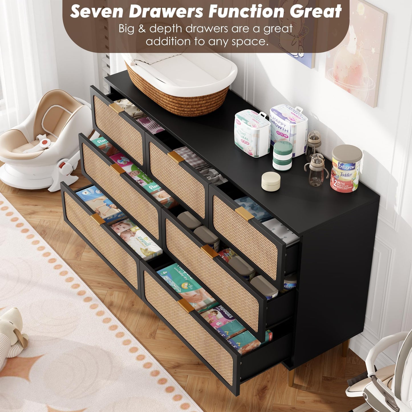 GarveeHome Rattan 7 Drawer Dressers for Bedroom, Tall Dresser with Deep Drawers, Large Chest of Drawers for Closet with Wide Top, Long Wooden Dresser for Living Room, Hallway, Kids Room, Black