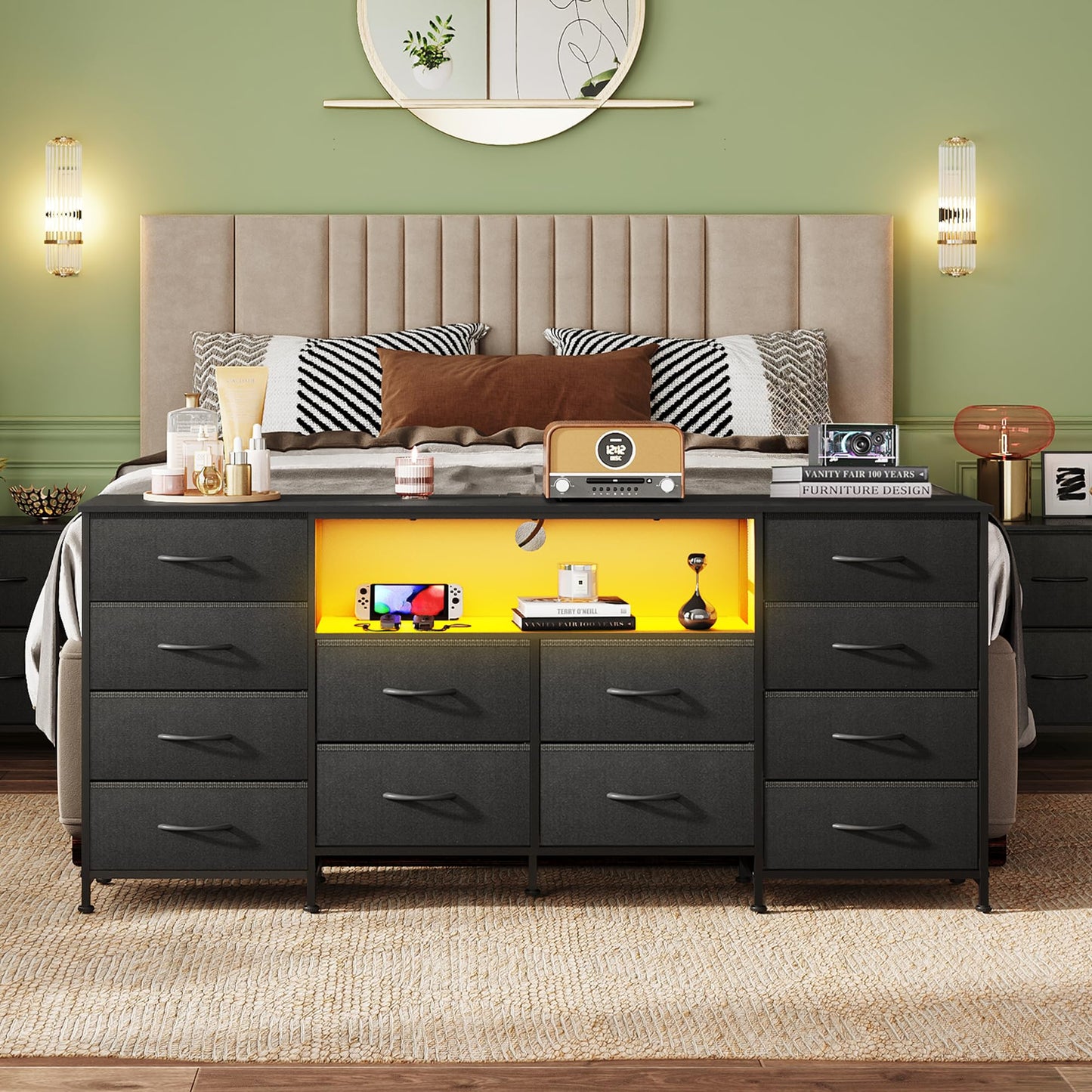 WLIVE 12 Drawer Dresser for Bedroom, Black Dresser TV Stand for 65, 70, 75 inch TV with Led Light & Charging Station, Wide Chest of Drawers with Open Shelves, Fabric Dressers for Closet, Living Room