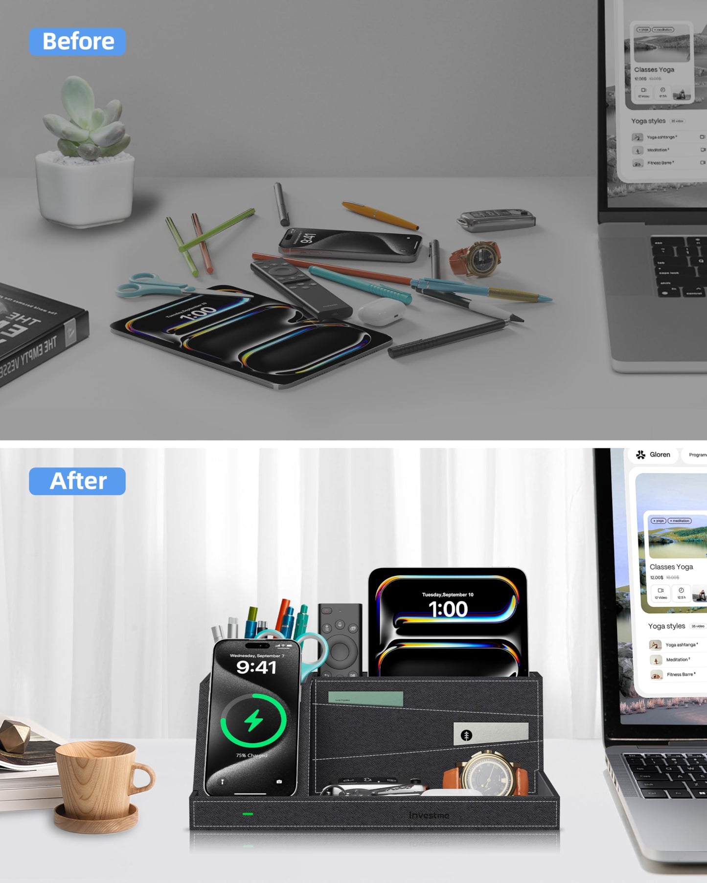 Investme Wireless Charger with Desk Organizer, Fast Charging Station for iPhone 16/15/14/13/12/11 Pro Max, Desk Phone Charger Stand, Desktop Nightstand Organizer Pen Holder for Home Offfice Supplies
