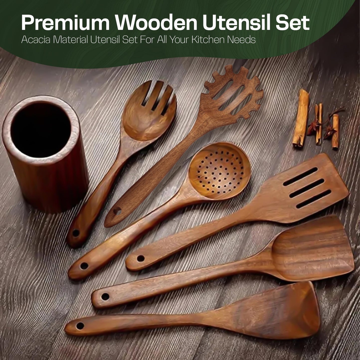 KITUTING Wooden Spoons for Cooking Set of 10 - Cooking Utensils with Spoon Rest & Holder – Comfortable Grip & Easy to Clean - Wooden Spoon Set for Kitchen with four Hanging Hooks