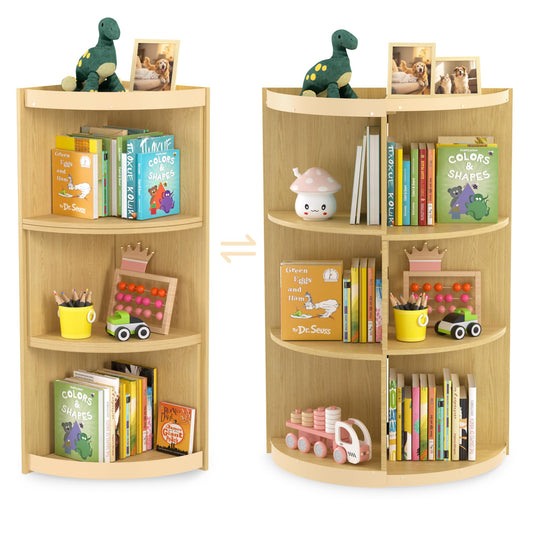 HAVLOTII Wooden Corner Kids Bookshelf, Extendable 3 Tier Montessori Bookcase for Children, Toy Storage Organizer, Space-Saving Book Shelf for Kids Rooms, Classroom, Playroom, Nursery, Daycare