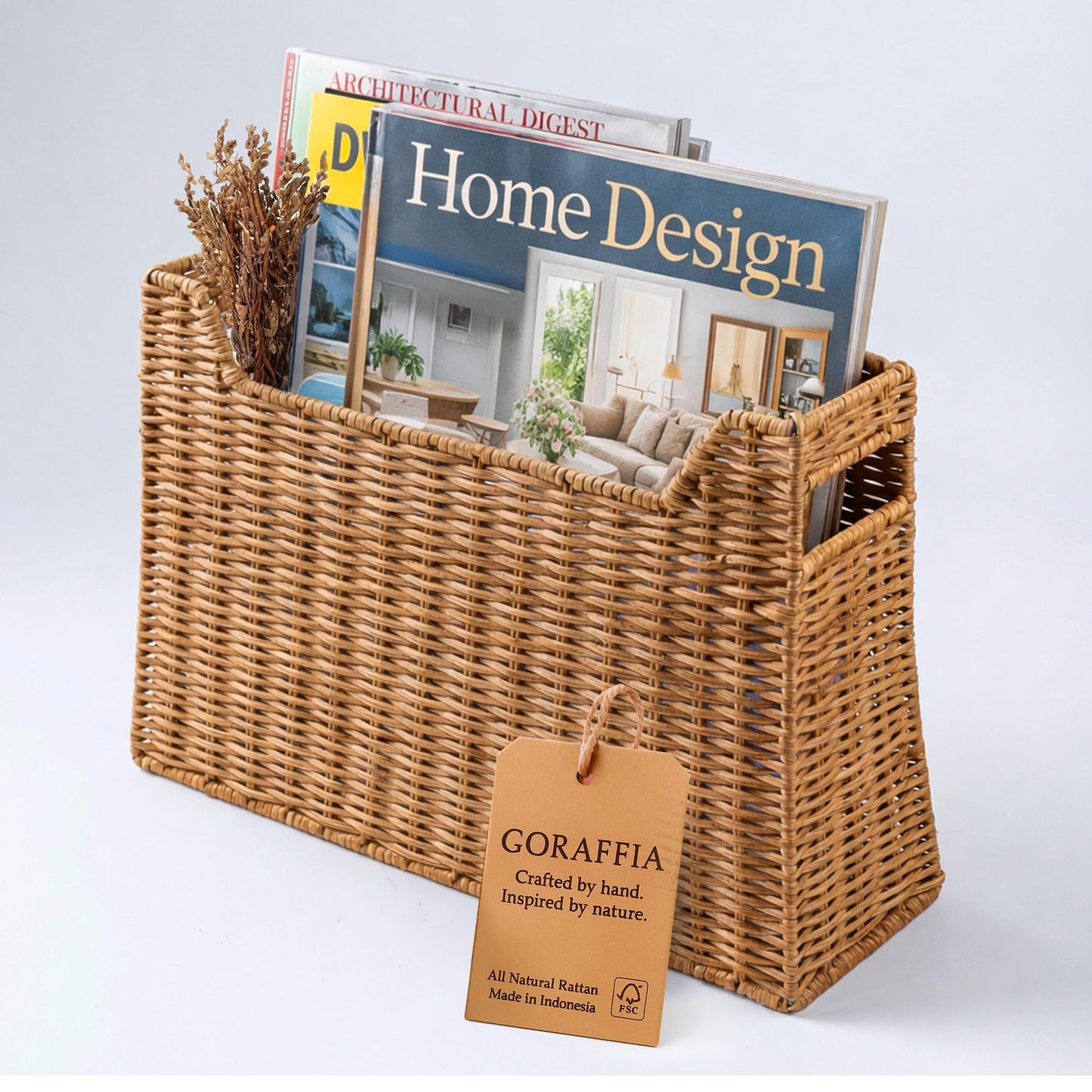 Goraffia Rattan Magazine Basket – Handwoven Book & Mail Organizer, 15.5" x 4.75" x 10" Floor Bin with Handles, Natural Sustainable Storage for Living Room, Entryway, Office (Natural Honey)