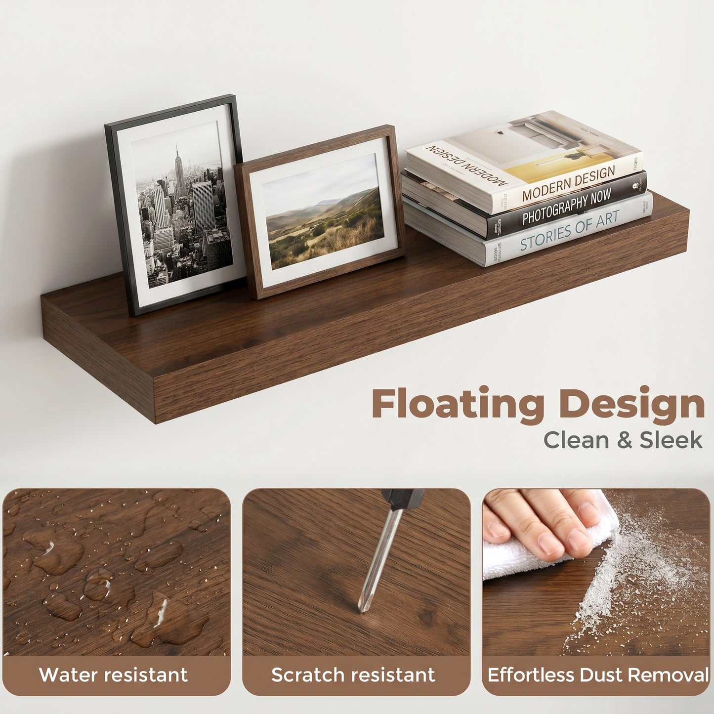 Venusmiles Floating Shelves for Wall, 20 Inch Floating Shelves Set of 2, 6.5" D Wooden Wall Mounted Display Shelves with Invisible Brackets for Living Room, Bedroom, Bathroom, Kitchen Decor, Walnut