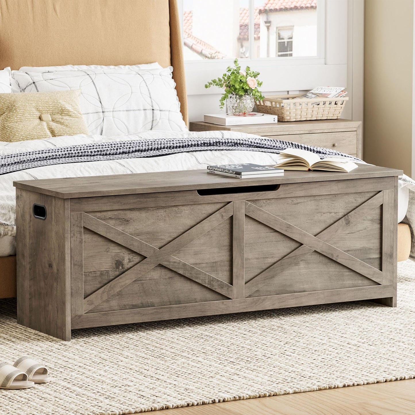 GarveeHome 47.2 in Storage Chest, Wooden Storage Bench with Safety Hinges, Easy Assembly, Large Shoe Bench for Entryway, Living Room, Bedroom