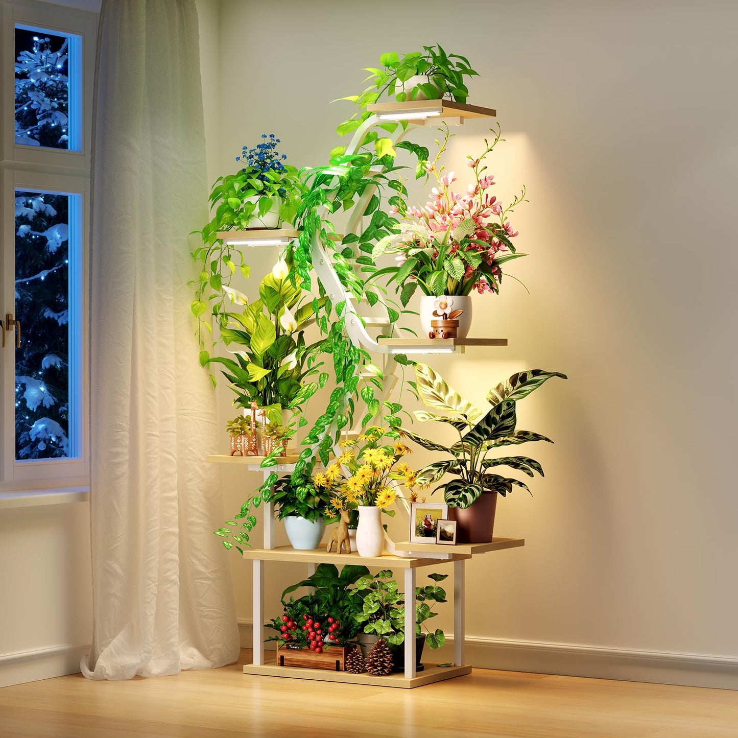 MemoCastle White Plant Shelves with Grow Lights: 7-Tier 65" Tall Modern Plant Stand for Indoor Corners, Living Room Display or Bedroom Gardening Rack