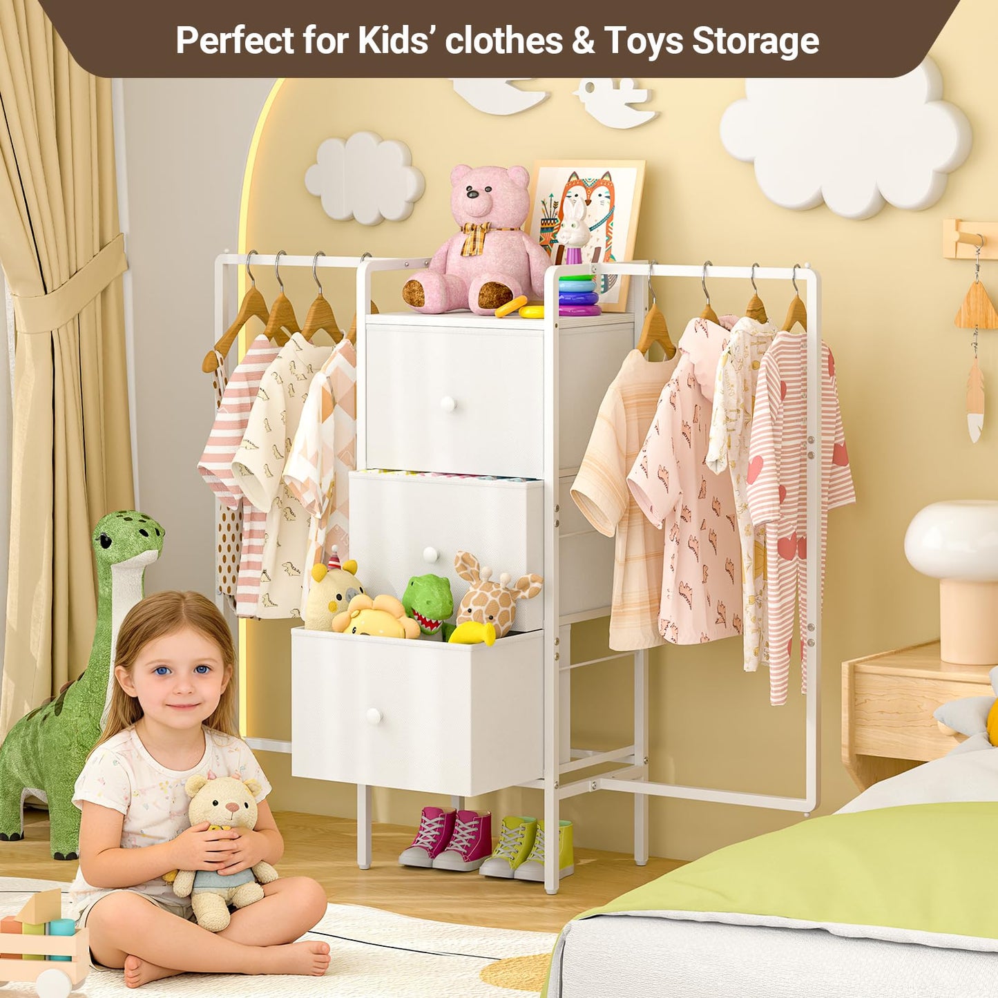 3IngSeagulls Kids Dressers for Bedroom with 2 Hanging Racks, Small Dresser for Bedroom with 3 Drawers, 53'H Faric Chest of Drawers with Clothes Rack, Small White Dresser for Kids with Wooden Top