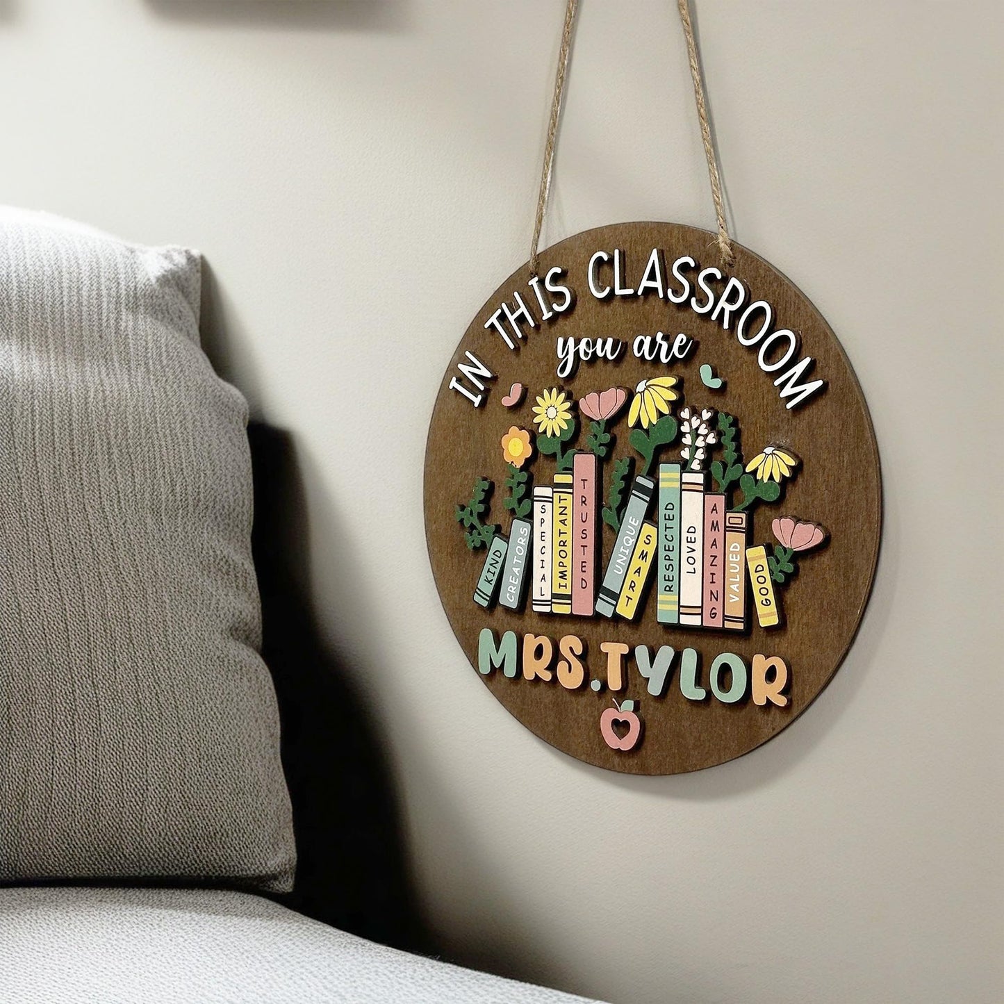 Poceton 3D Teacher Door Sign, Personalized Name Classroom Sign, Wooden Welcome Sign, Back To School Gift, 10 Inches by 10 Inches