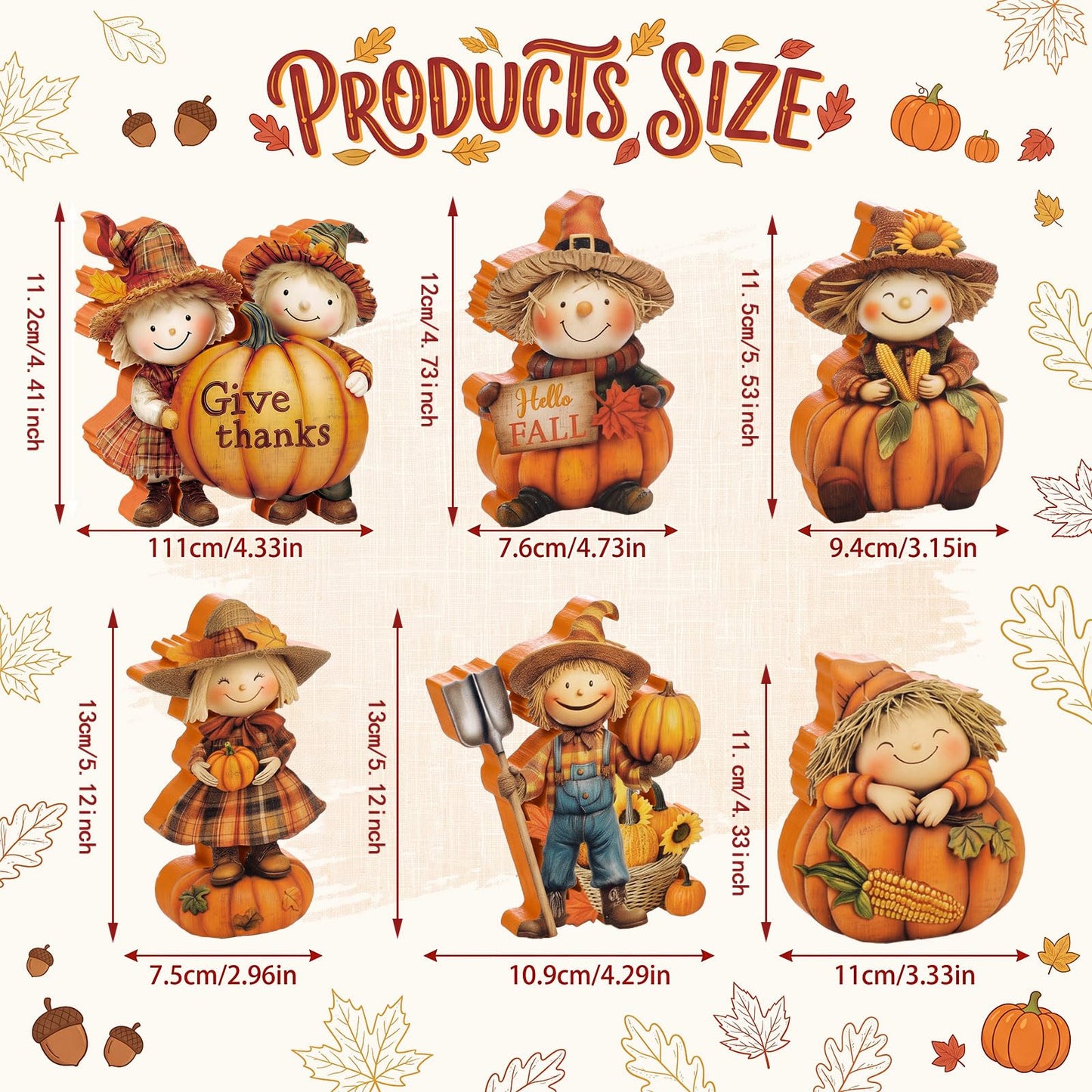 Vicenpal 6 Pieces Fall Decor Wooden Scarecrow Pumpkin Figurines Rustic Autumn Harvest Tabletop Decoration for Thanksgiving Home Kitchen Centerpiece, Shelf Sitter Holiday Display