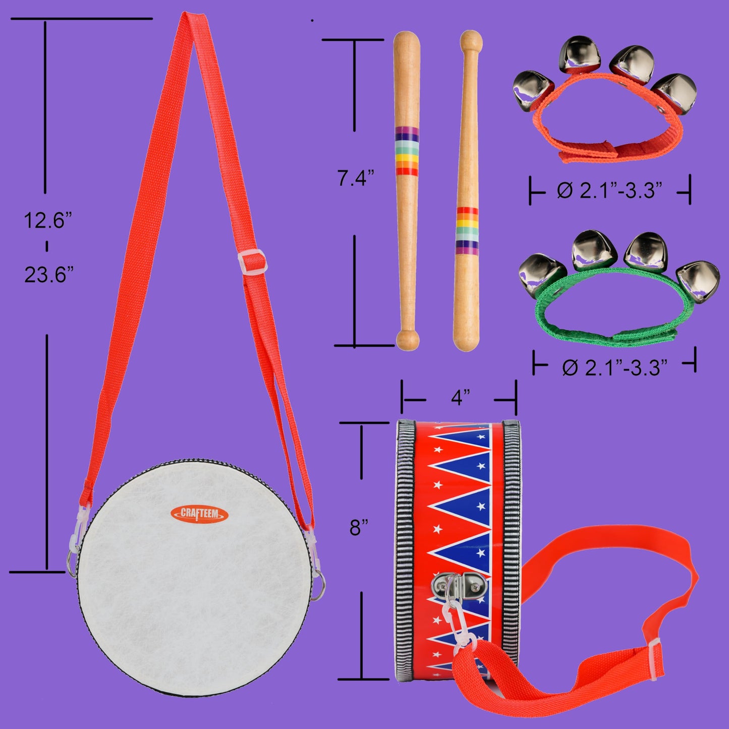 CRAFTEEM Kids Set for Toddlers - Baby Musical Toy w/Wrist Bells, Drum Sticks & Fun Drum Instrument for Boys & Girls - Educational Christmas Birthday Gift.