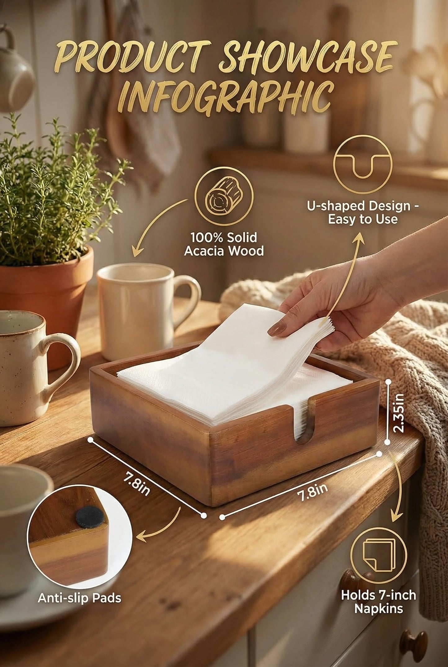 Acacia Lunch Napkin Holder 7.8 x 7.8 inches for Dining Table and Kitchen – Napkin Dispenser Made from Brown Acacia Wood – Premium Quality Feel for Dessert Beverage Party Dinner Luncheon Bar Table
