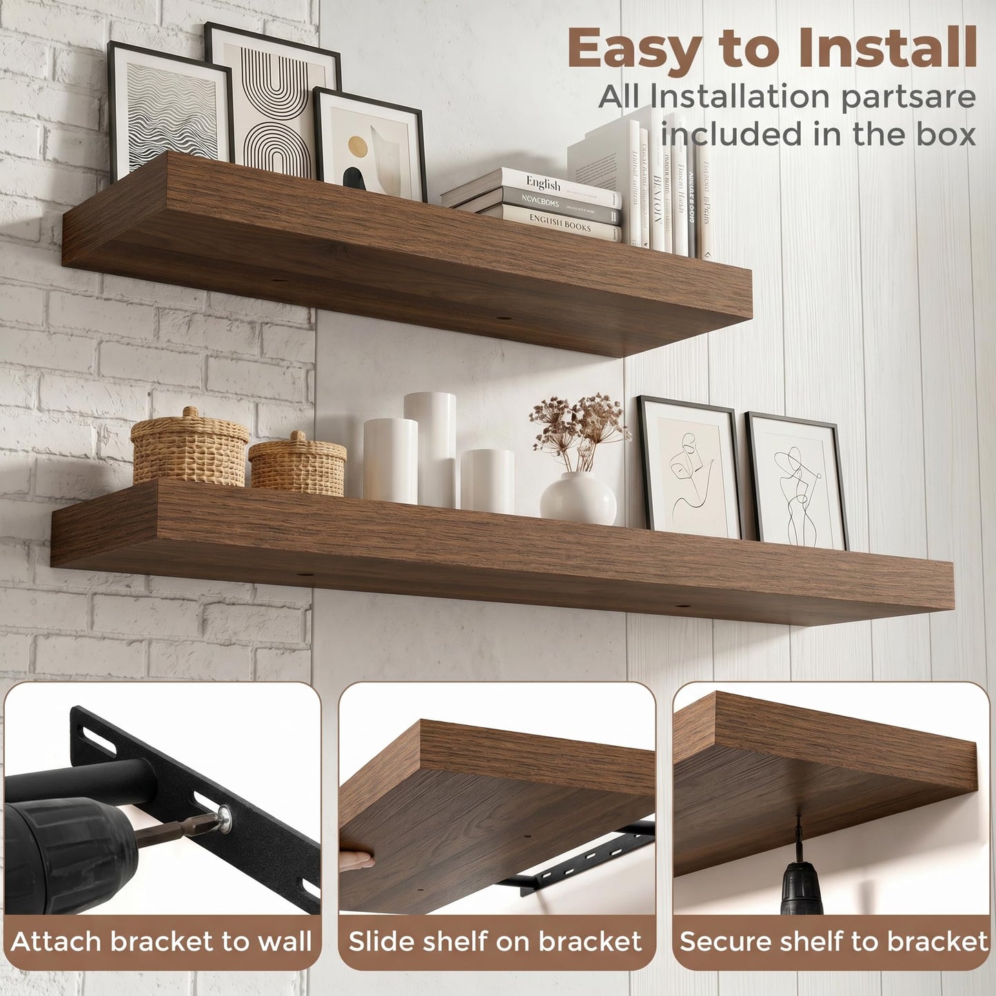 FLYJOE Floating Shelves for Wall, 48 Inch Floating Shelves Set of 2, 8" D Wooden Wall Mounted Display Shelves with Invisible Brackets for Living Room, Bedroom, Bathroom, Kitchen Decor, Walnut