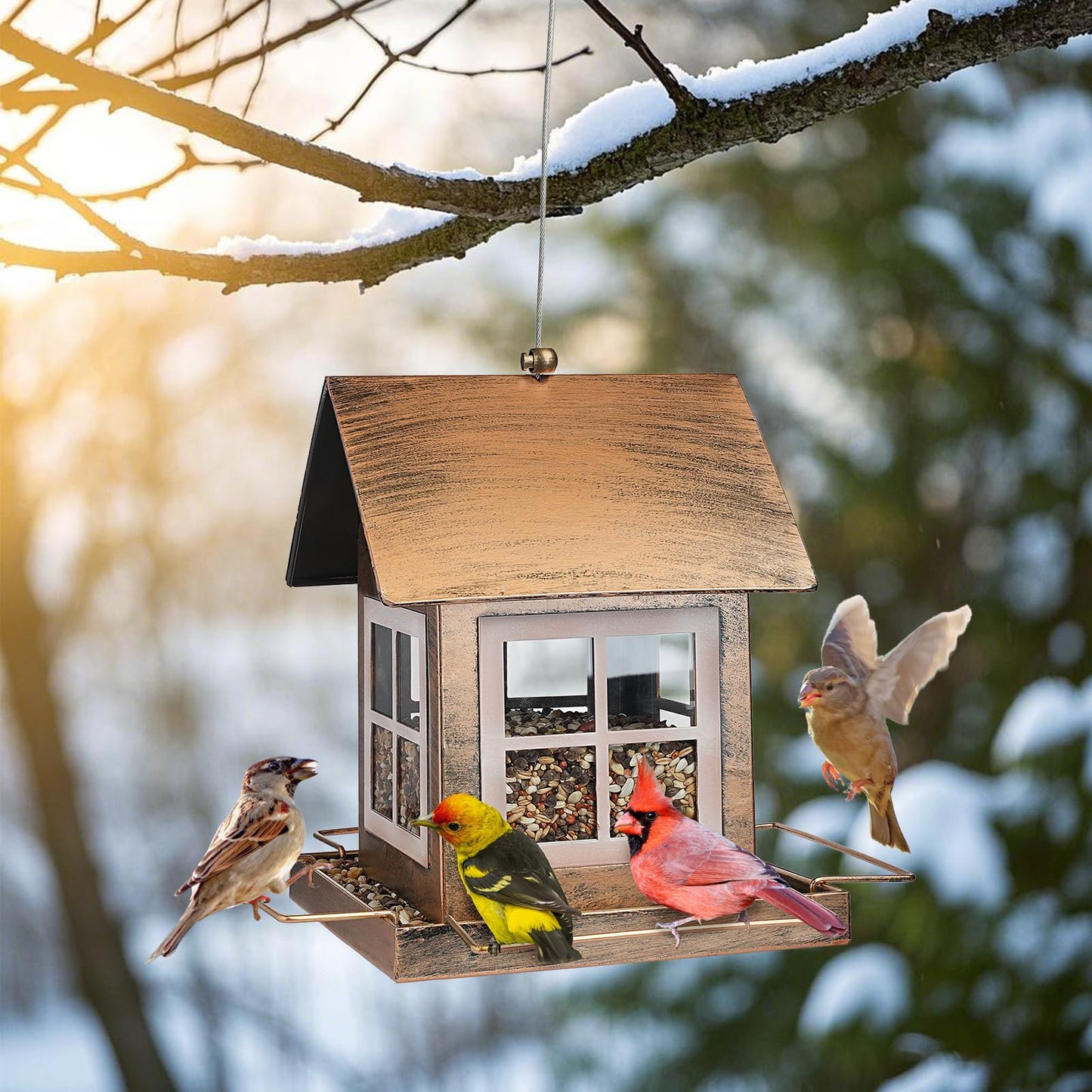 IWNTWY Bird Feeders, Heavy Duty Metal Bird Feeder for Outdoors Hanging, Weatherproof Large Capacity Wild Birdfeeder for Outside Garden Yard, Country House Shape