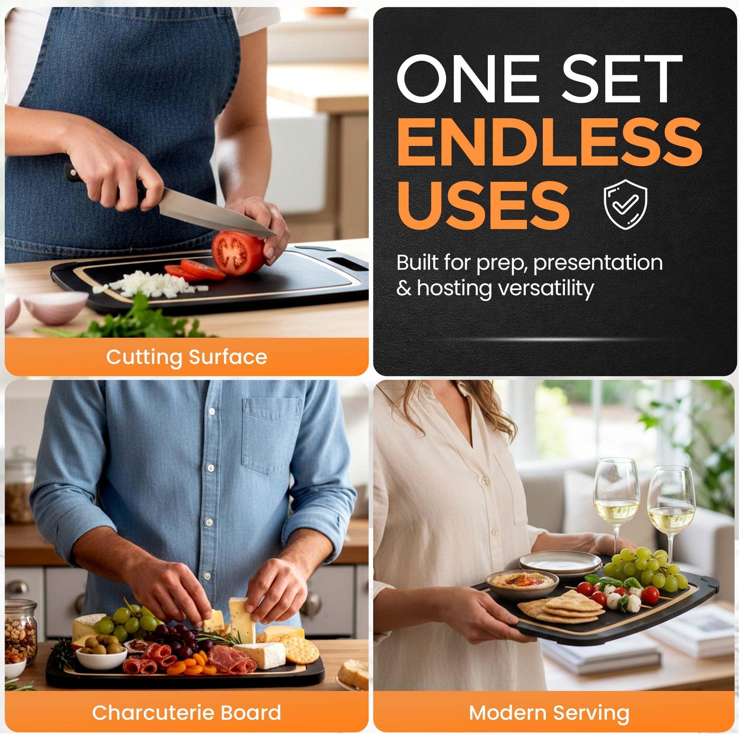 Earth's Dreams Composite Wood Cutting Board Set of 3 – Built In Juice Groove, Non-Toxic Cutting Boards for Kitchen – Large, Medium & Small Non-Slip Wood Charcuterie & Chopping Boards (Black/Tan)
