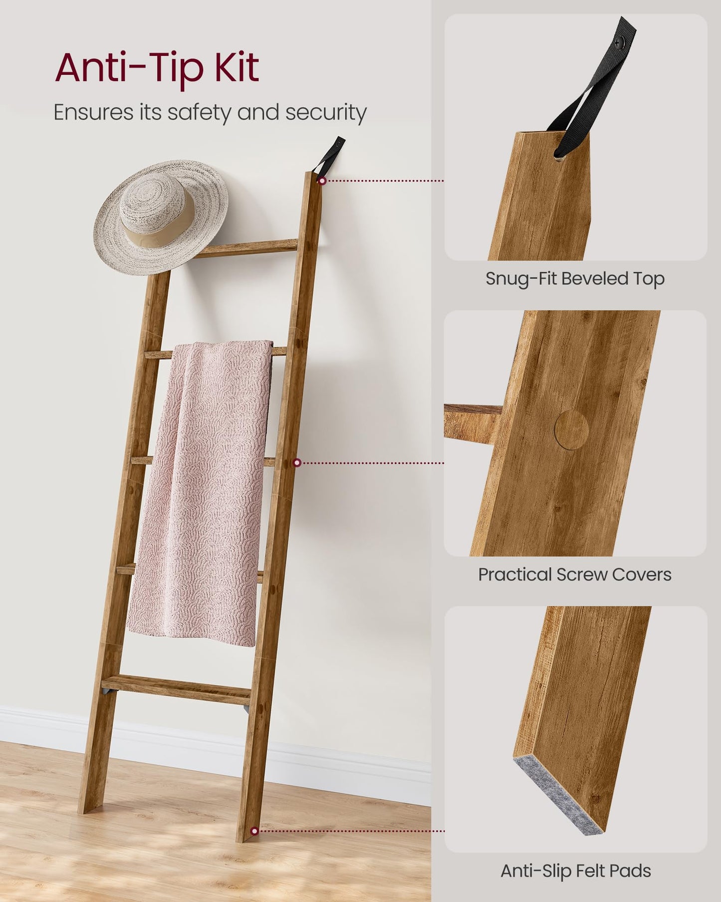 VASAGLE CUSTOS Collection - Blanket Ladder Decorative Farmhouse for the Living Room, 5-Tier Ladder Shelf, Ladder Rack for Storage and Decor, Honey Brown ULLS018K41