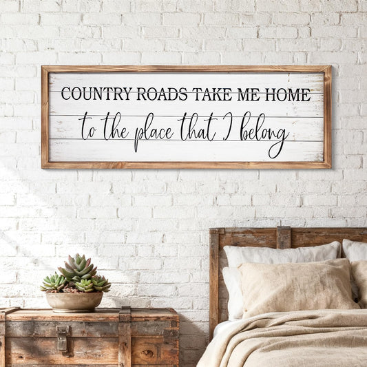JUMBO DECOR Country Roads Take Me Home Wall Sign, 42''×15'' Large Farmhouse Country Wall Art with Solid Wood Frame, Vintage Western Boho Decor for Home (Brown)