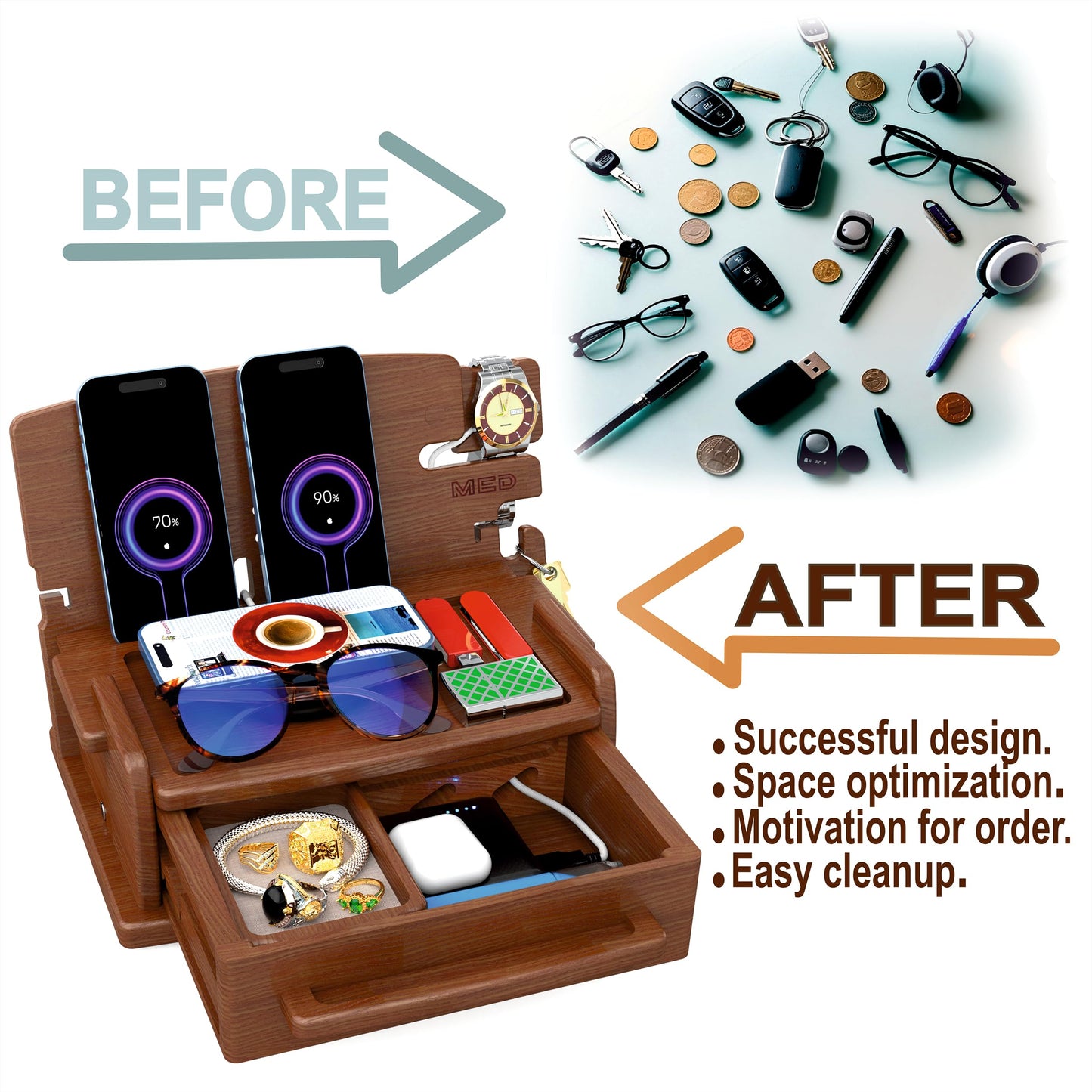 MED Wood Phone Docking Station for Men with Drawer — Nightstand & Desk Organizer for Husband & Dad — Key Holder, Wallet Stand, Watch Holder (Dark Walnut)