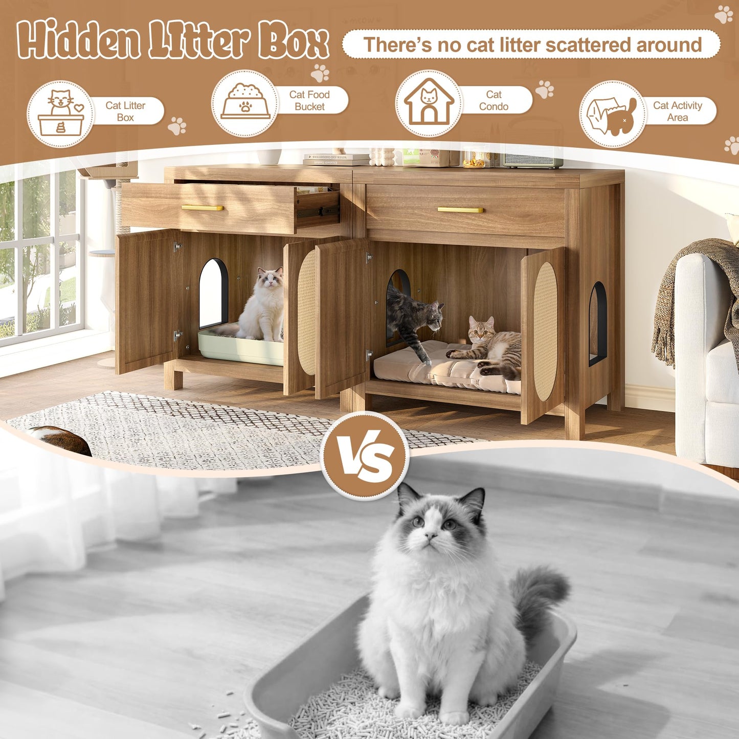 Hidden Cat Litter Box Enclosure Furniture with Scratching Board Doors and Storage Drawer, Wooden Washroom Cat House Cabinet Side Table Nightstand for Living Room, Espresso