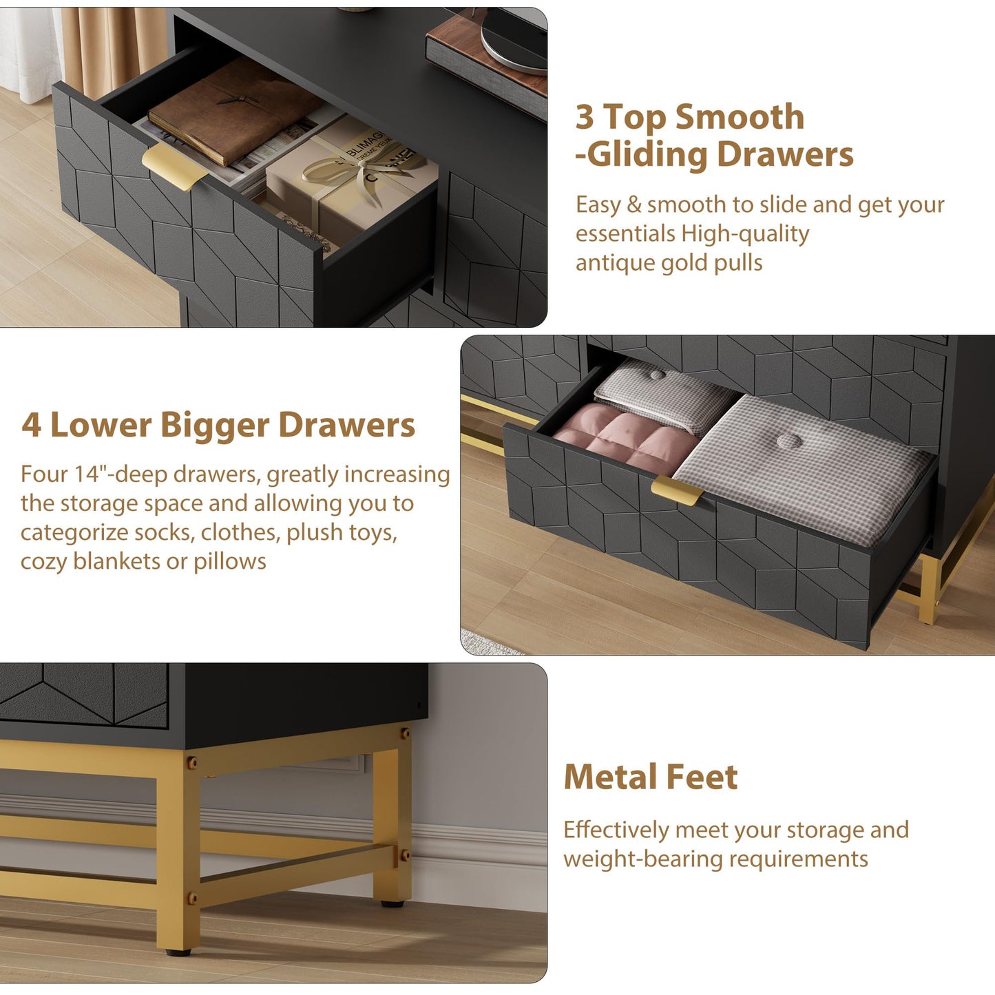 IDEALHOUSE Dresser for Bedroom, 53.5” Wide Dresser Organizer, 7 Drawer with Golden Metal Handle and Legs, Large Modern Chest of Drawers for Closet, Hallway, Living Room, Entryway, Black