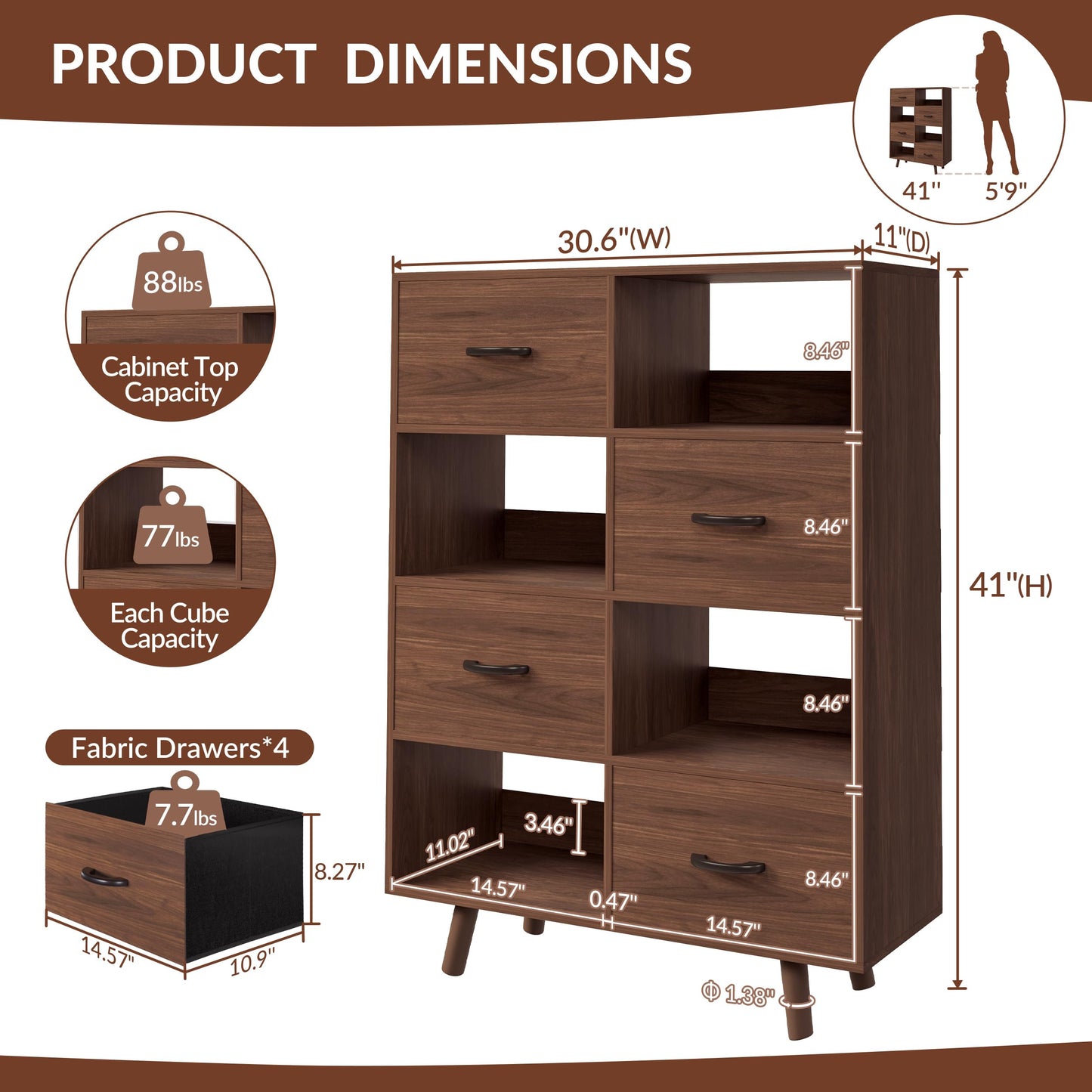 ELYUP Bookcase with Fabric Storage Bins - 8 Cube Organizer Display Bookshelf for Home Office, Walnut