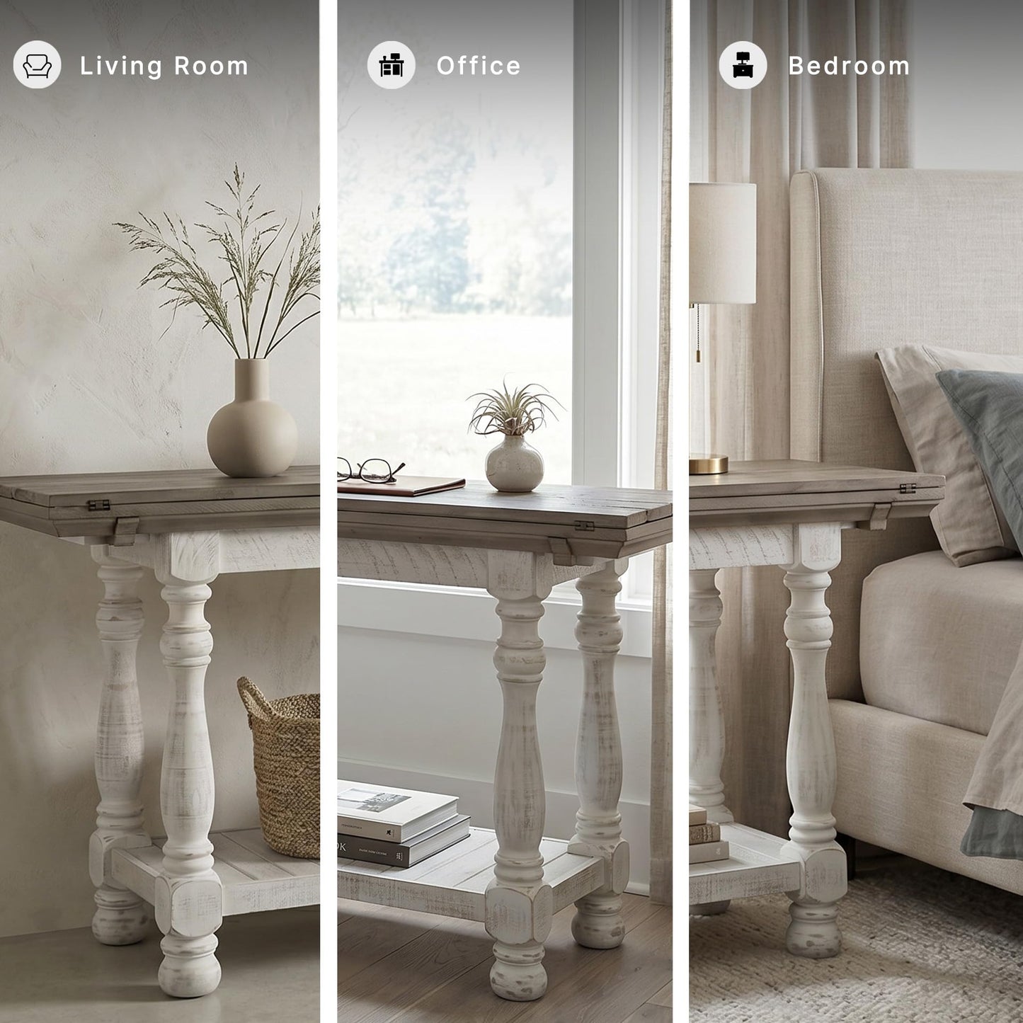 Signature Design by Ashley Havalance Farmhouse Sofa Table, Flip Top Design for Additional Dining Space and Fixed Lower Shelf, Gray & White with Weathered Finish