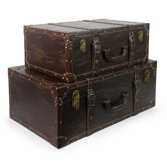 DreamsEden Vintage Wooden Storage Suitcase Set - Decorative Leather Trunk Boxes with Straps, Antique Display Chests for Home Organization (Brown)