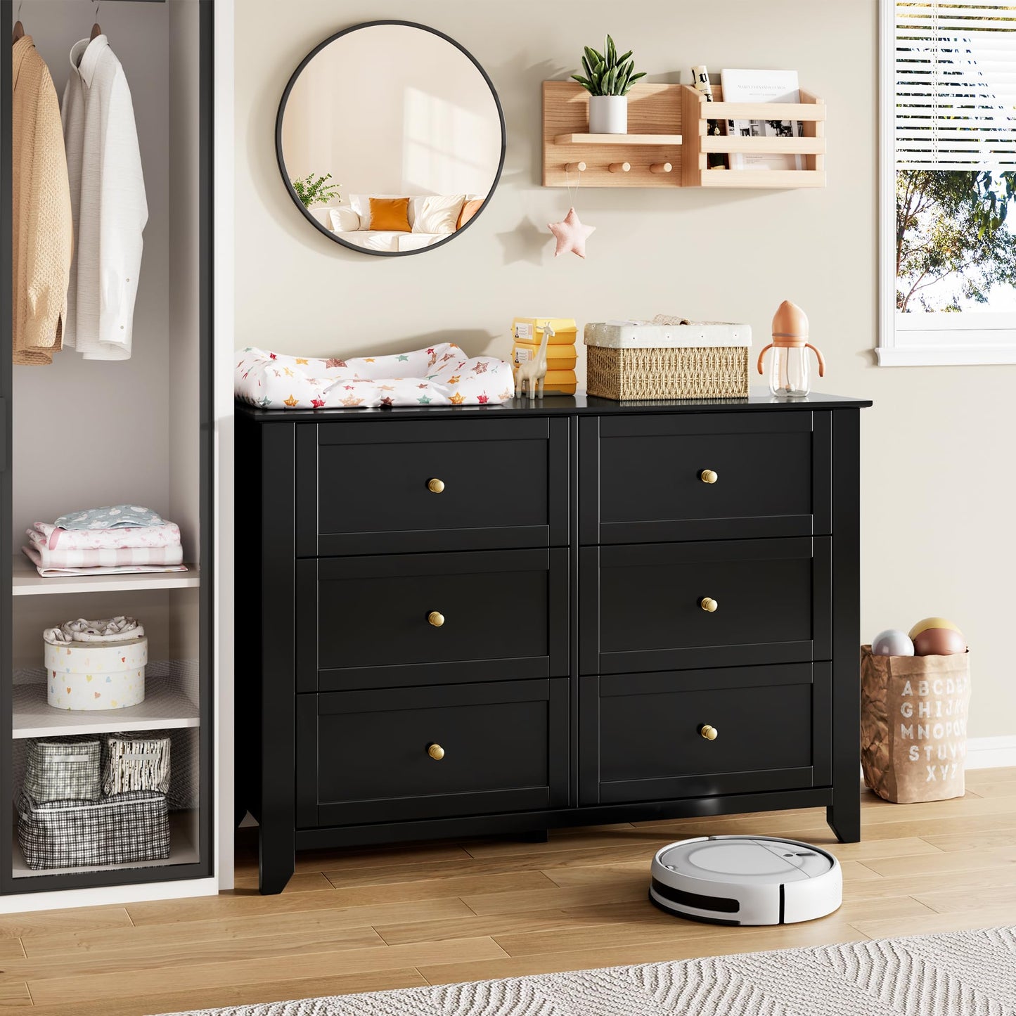 Garvee 6 Drawer Dresser for Bedroom, 47.2" Wide Modern Large Chest of Drawers with Metal Knobs, Wooden Clothes Storage Organizer for Closet, Nursery, Living Room, Apartment, Black