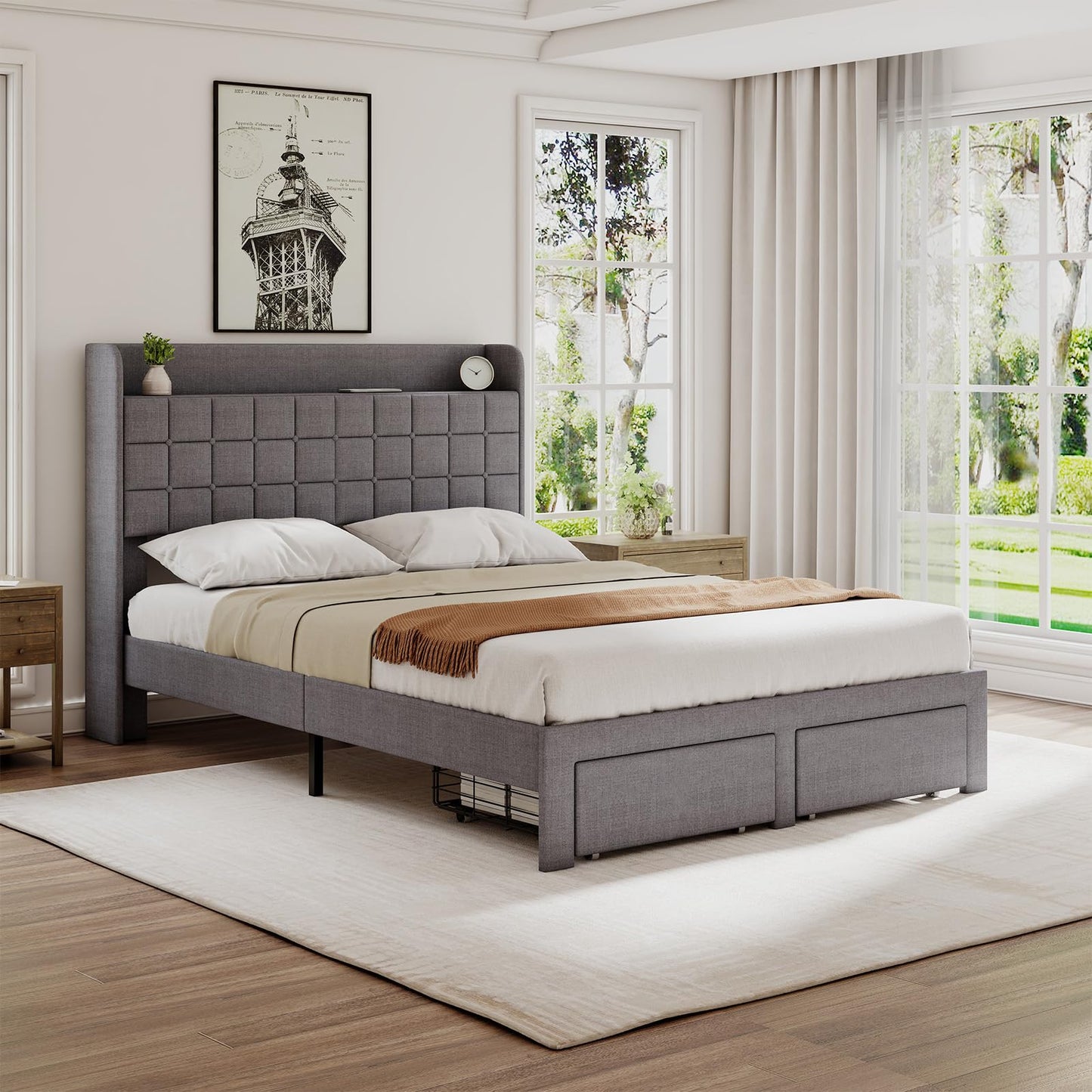 DUMOS Full Size Upholstered Platform Bed Frame, Full Bed with Storage Drawers and Fabric Headboard, Wooden Slats Support, 882 lbs Weight Capacity, No Box Spring Needed, Easy Assembly, Gray