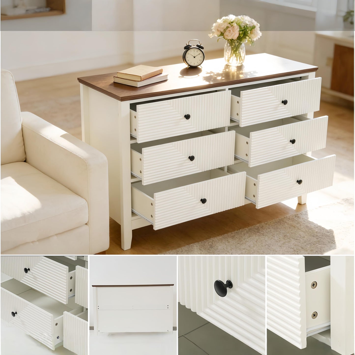 ZOOIQ White 6 Drawer Dresser for Bedroom, 47 Inch Wide Diagonal Grain Grooved Wooden, Brown Panel, Modern TV Stand Storage Cabinet, Suitable for Foyer and Aisle