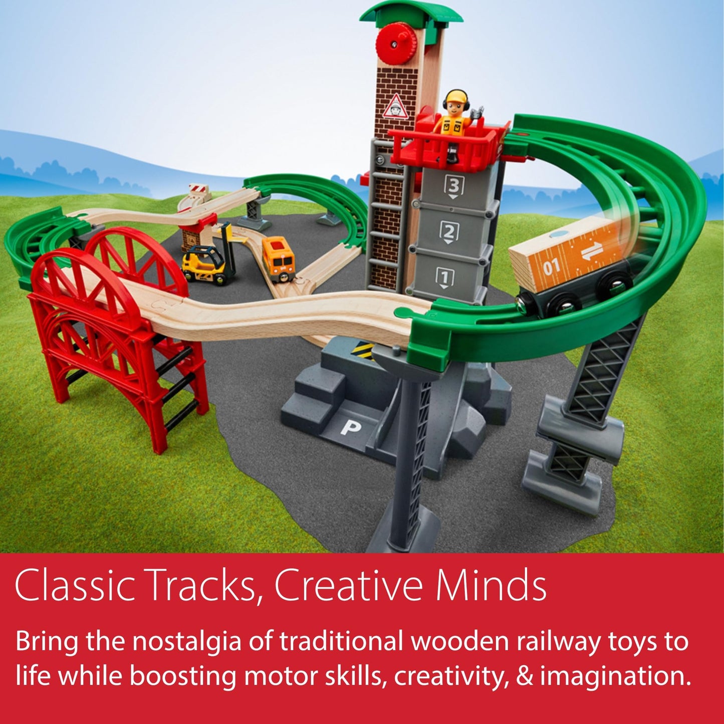 BRIO World Lift & Load Warehouse Set - 32-Piece Wood Train Set - Works with All Wooden Railway Sets - Includes 4-Level Elevator, Vehicles, Tracks & Full Station - MESH Accredited for Ages 3+
