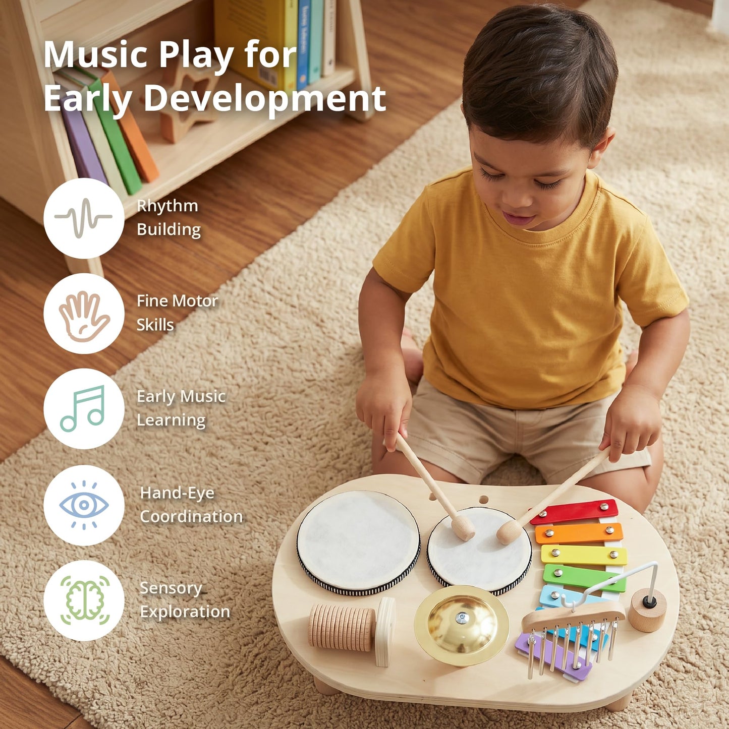 Promise Babe Wooden Drum Set for Toddlers 1-3, Musical Percussion Instruments for Kids Baby Drum Set Xylophone, Montessori Educational Musical Toys for Girls Boys Ages 3+