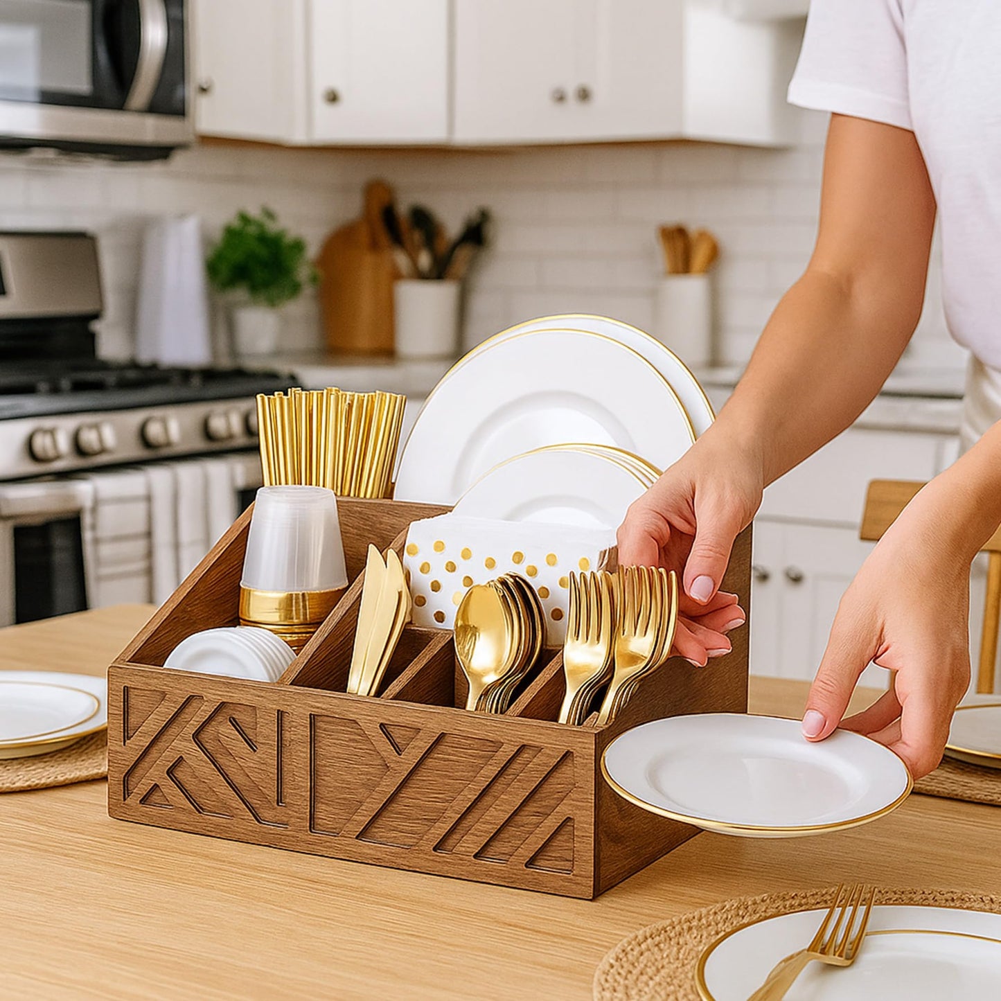 Velvet Petel Paper Plate Dispenser |Paper Plate Holders For Kitchen Counter |Wooden Utensil Holder Silverware Organizer |Cutlery Flatware Organizer Box For Cups, Plates, Cutlery,Kitchen Accessories