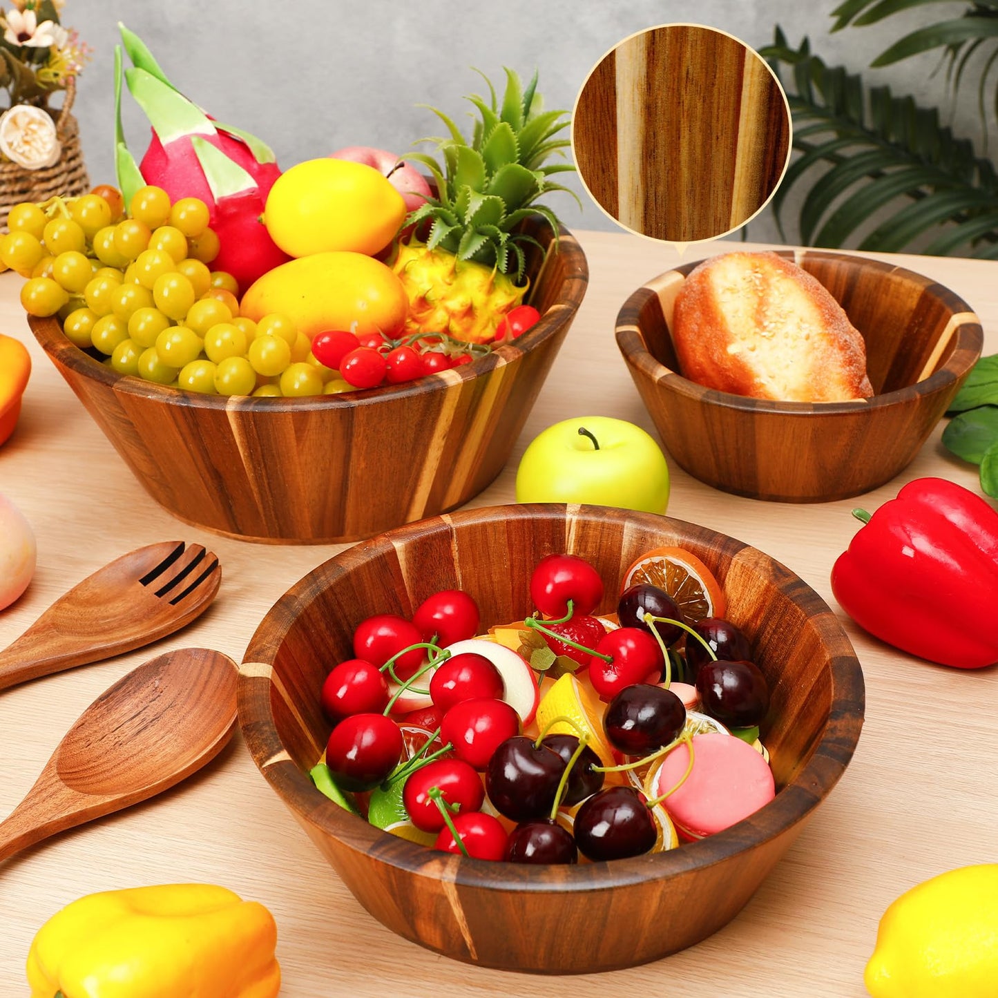 Yunlly Wooden Salad Bowl Set of 5 - Large Fruit Mixing Bowls with Salad Servers Utensils for Serving Dining Accessory - Handmade - Acacia Wood - Large 12", Medium 10", Small 8"(Round Design)