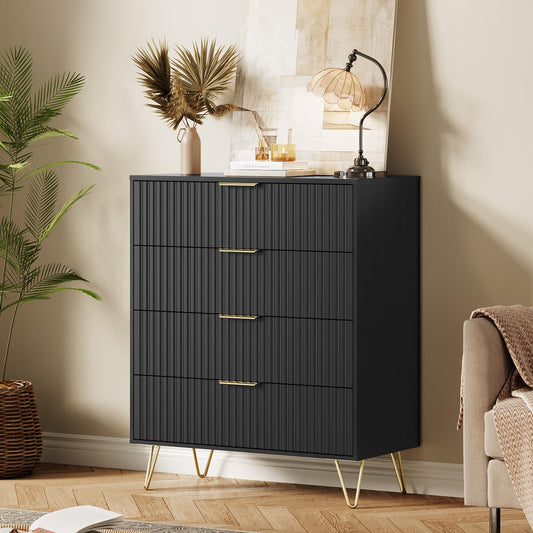 GarveeHome Fluted Dresser for Bedroom with 4 Drawers,32" Wide Modern Chest of Wooden Bedroom Chest with Metal Handle,Clothes Storage Organizer,Dresser & TV Stand for Living Room,Black