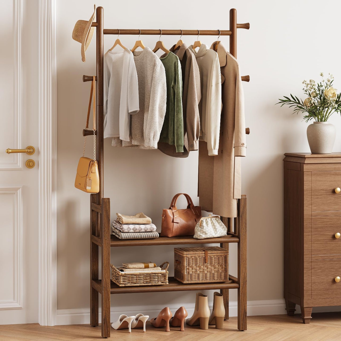 Yoobure Solid Wood Clothing Rack with Shelves - Coat Rack Freestanding with 6 Hooks, 3-in-1 Hall Tree for Hanging Clothes, Tall Garment Racks with Storage for Bedroom, Entryway, Living Room, Closet
