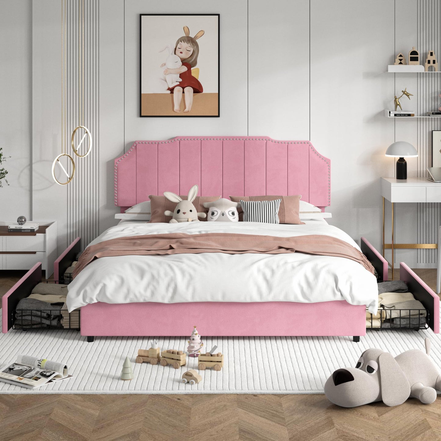 VECELO Full Velvet Upholstered Platform Bed Frame with 4 Rollers Storage Drawers,Full Size Bed with Tufted Height Adjustable Headboard,Wooden Slats/No Box Spring Needed/Easy Assembly