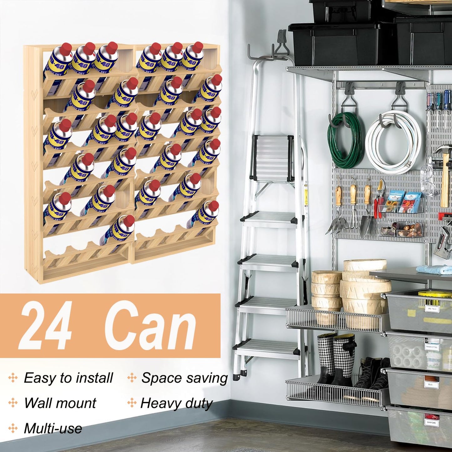 Nisorpa 24 Can Spray Paint or Lube Can Holder Aerosol Can Rack 6-Tier Wooden Spray Paint Can Storage Rack Wall Mount Aerosol Spray Can Organizer for Garage and Craft Workroom- 14.2" L x 5" W x 30" H