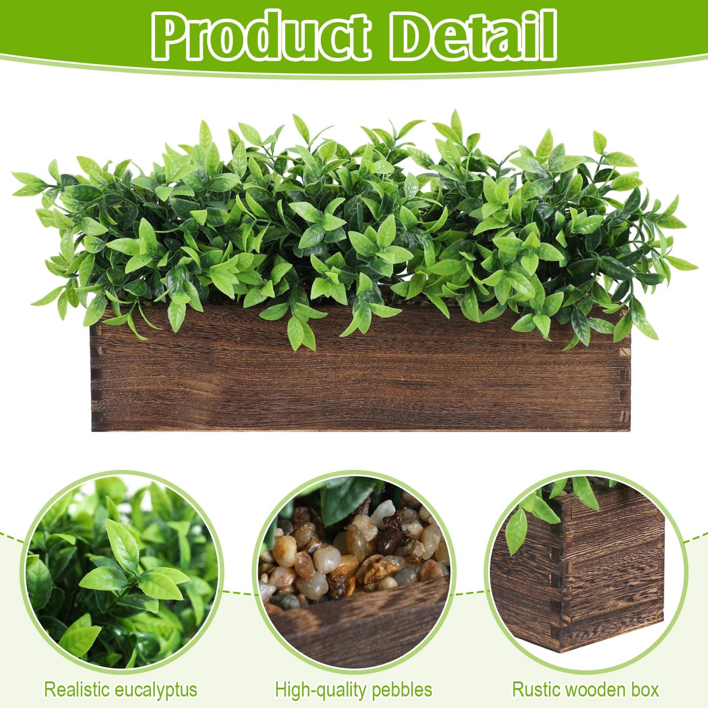 Lyrow 4 Pack Artificial Eucalyptus Plants in Rectangular Rustic Wooden Planter Box Faux Potted Herb Plant Greenery Centerpiece for Cabinet Windowsill Table Shelf Wedding Farmhouse Decor (Brown,16 '')