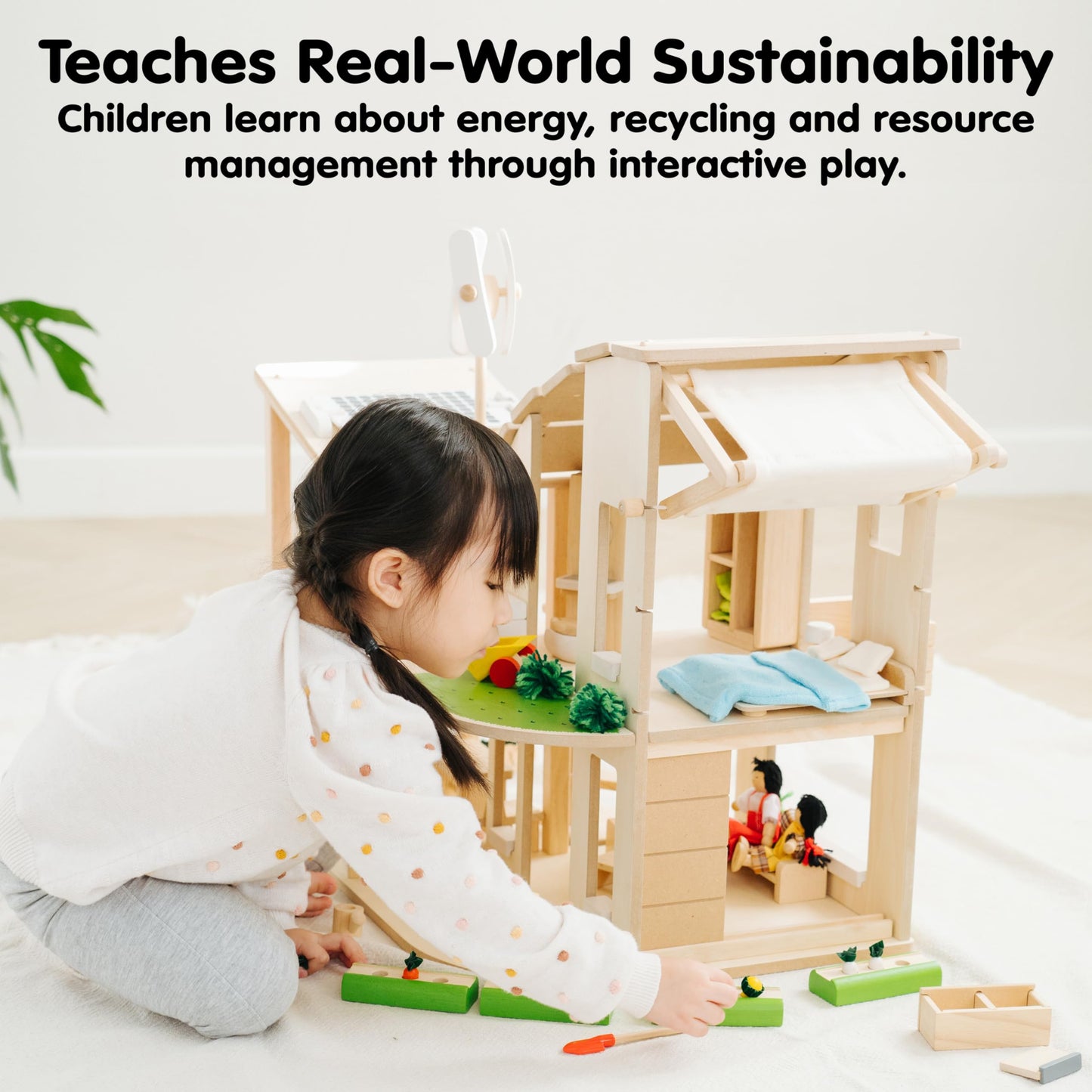 PlanToys® Green Wooden Dollhouse with Furniture | Eco Friendly Doll House with Solar Panel, Wind Turbine & Recycling System | Pretend Play Dollhouse for Sustainable Living Role Play