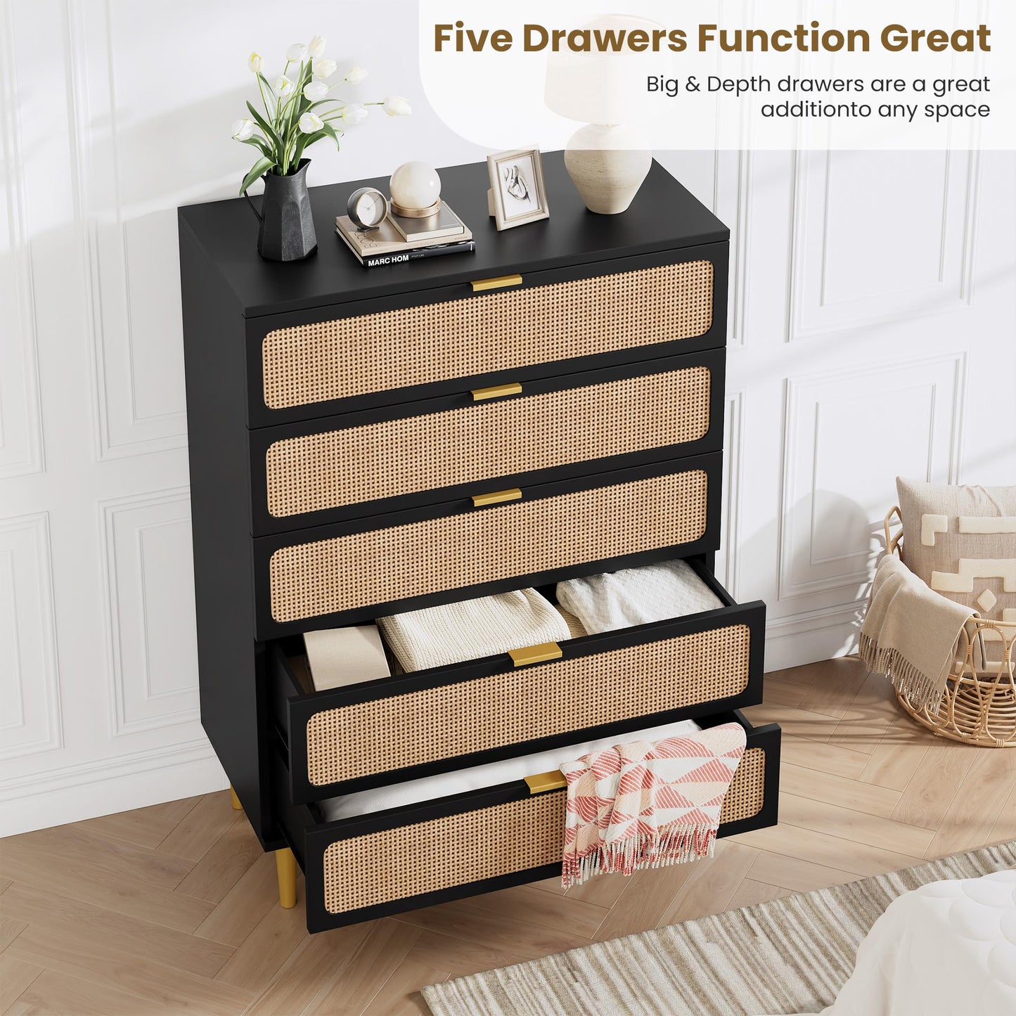 GarveeHome Rattan 5 Drawer Dressers for Bedroom, Tall Dresser with Deep Drawers, Large Chest of Drawers for Closet with Wide Top, Long Wooden Dresser for Living Room, Hallway, Kids Room, Black