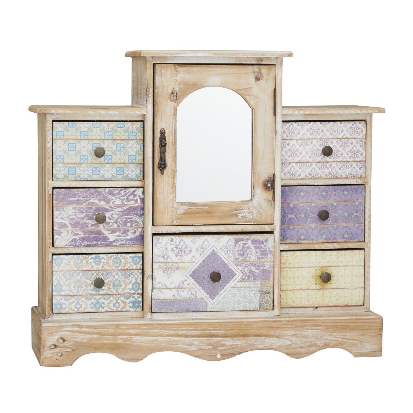 Deco 79 Wooden Decorative Jewelry Box 7 Drawers Jewelry Organizer with Patchwork Patterns, Jewelry Holder 18" x 6" x 16", Light Brown