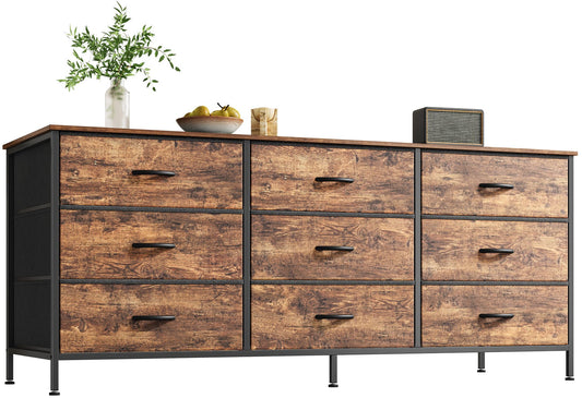 Huuger 9 Drawer Dresser, 55 Inch TV Stand for 55, 60 Inch TV, Entertainment Center with Drawers, Large Storage Fabric Dresser for Bedroom, Closet, Rustic Brown