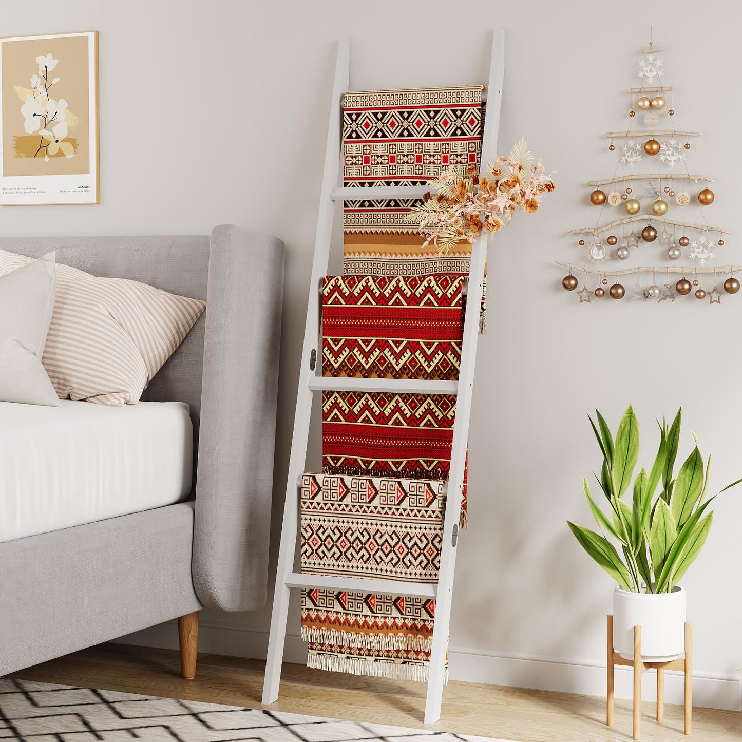 EleganfurHony Bamboo Towel Rack 6-Tier Blanket Ladder for Living Room, Bedroom, Bathroom Space-Saving Decorative Ladder for Quilts, Towels and More White